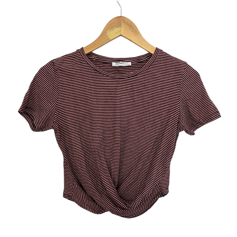 Zara Black and Pink Striped Twist Front Knot Crop Top Cotton Short Sleeve Shirt
